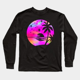 Hot Pink Holographic Rainbow Palm Trees: Ocean Beach Scene Retro Vintage Sunset Aesthetic Long Sleeve T-Shirt